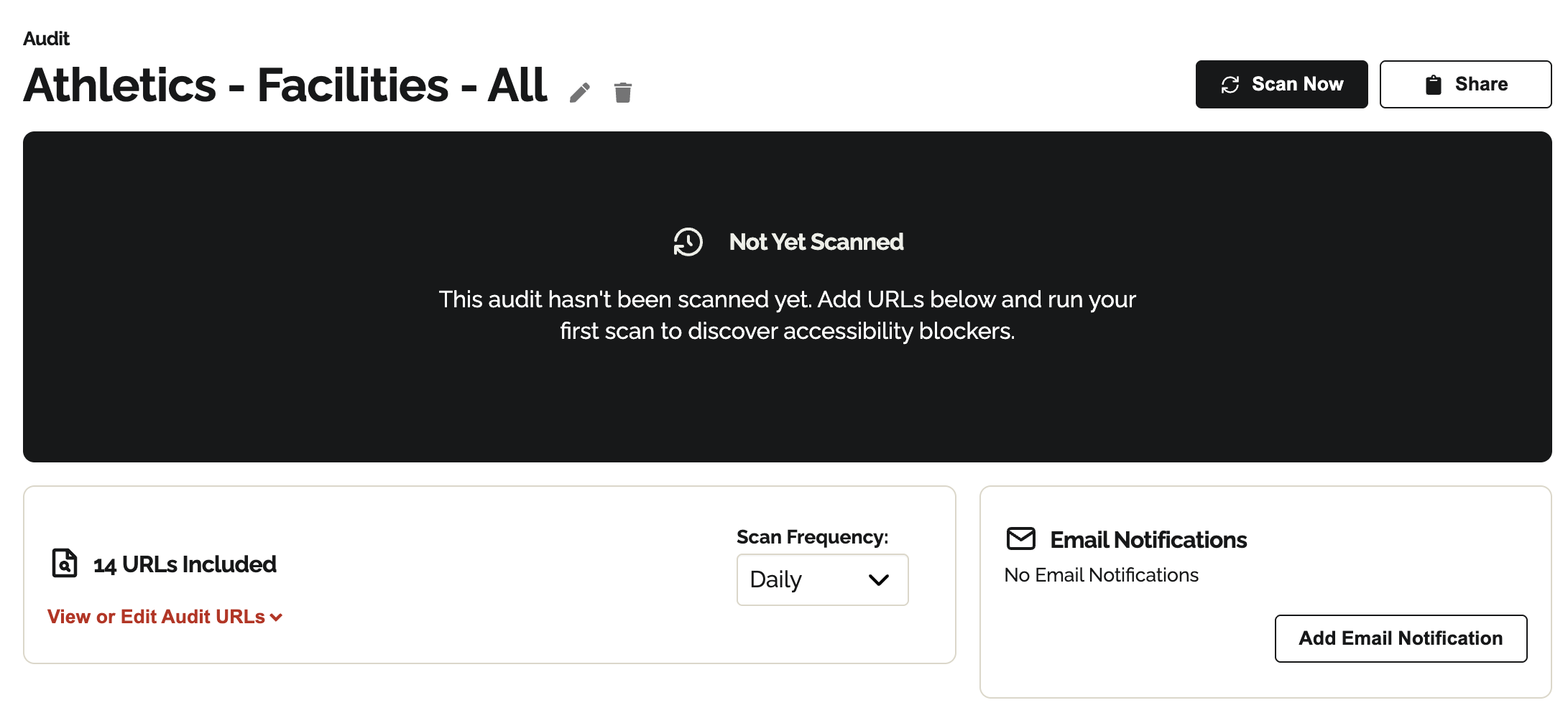 Audit summary card draft displaying the message Not yet Scanned. This audit hasn’t been scanned yet. Add URLs below and run your first scan to discover accessibility blockers. 