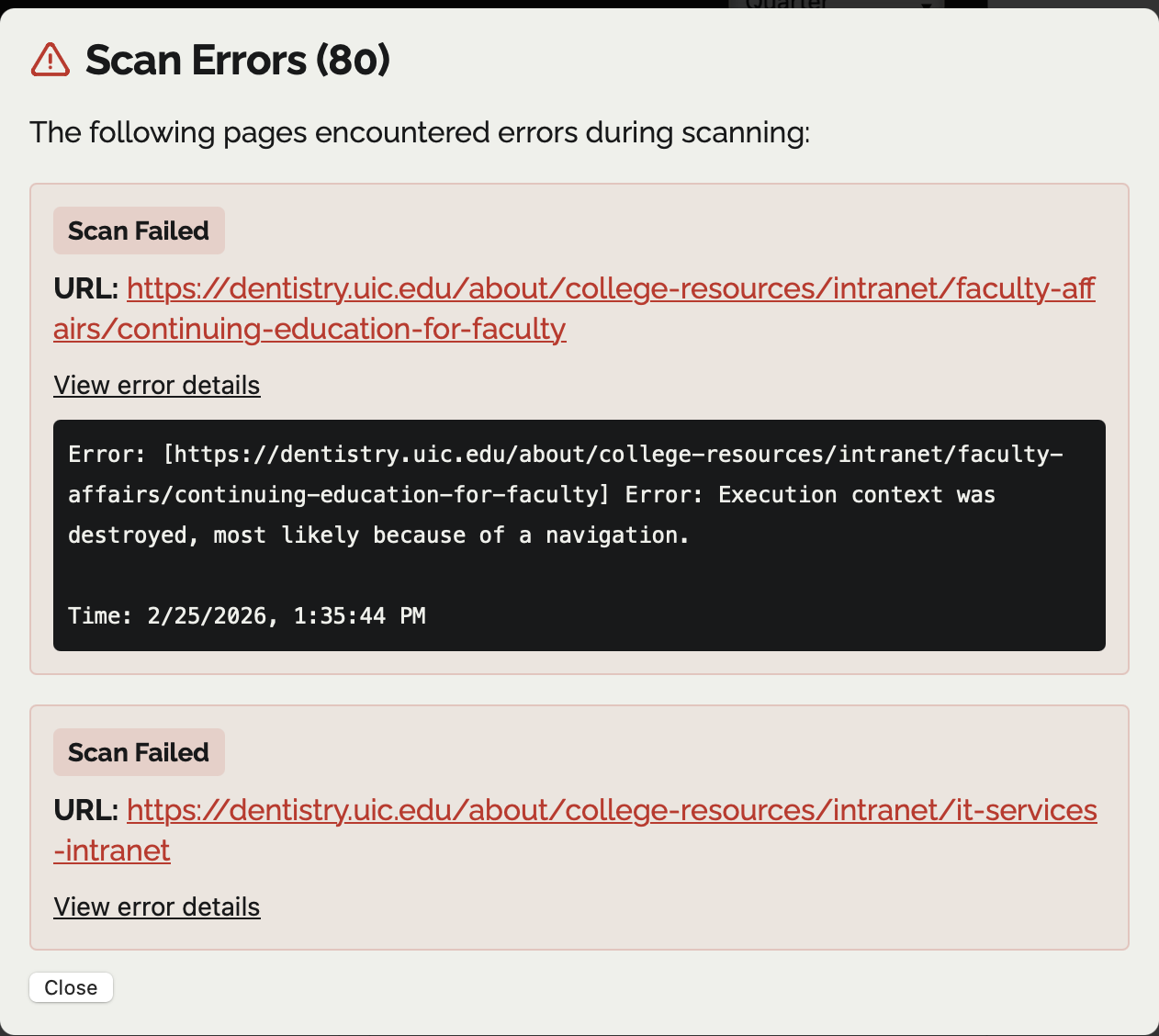 Scan Errors modal with list of failed URLs. One entry shows a Scan Failed badge for a UIC dentistry intranet URL with a technical error message: Execution context was destroyed, most likely because of a navigation.