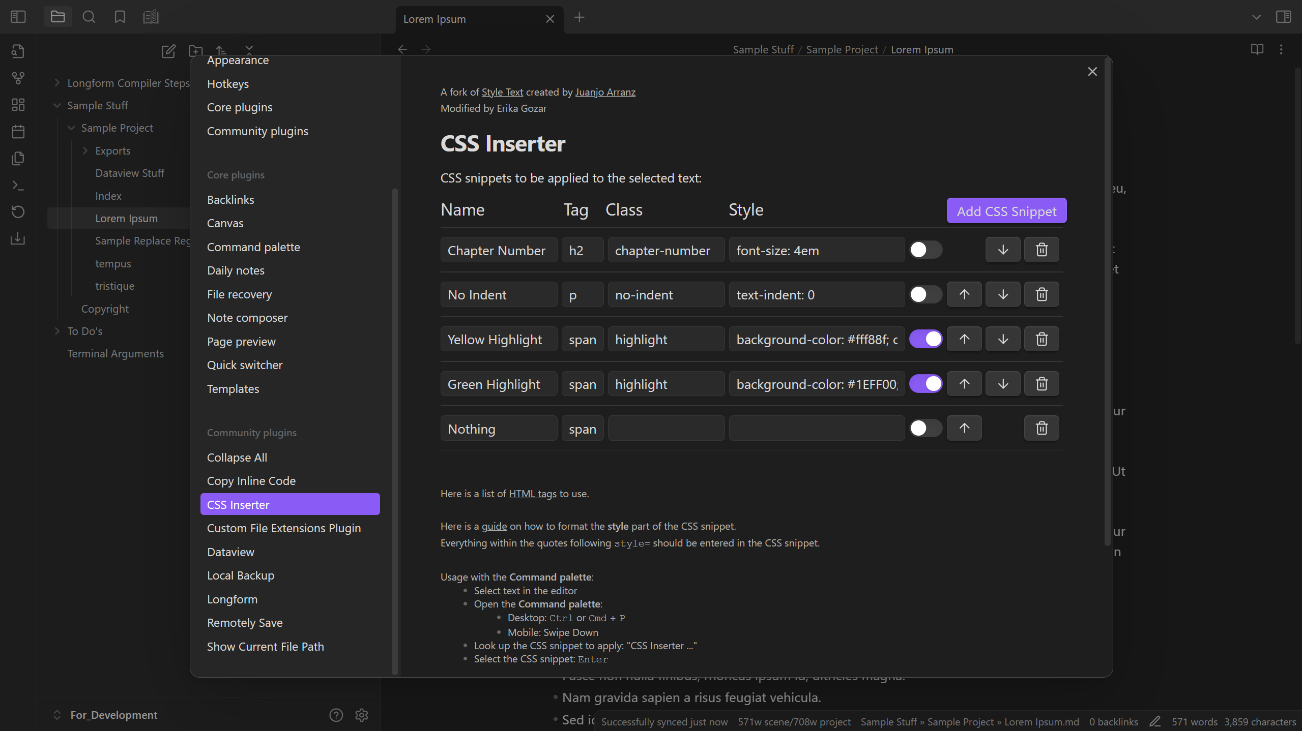 Settings panel