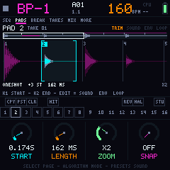 Bubba Machine pad sampler screen showing a waveform with the selected pad in brackets