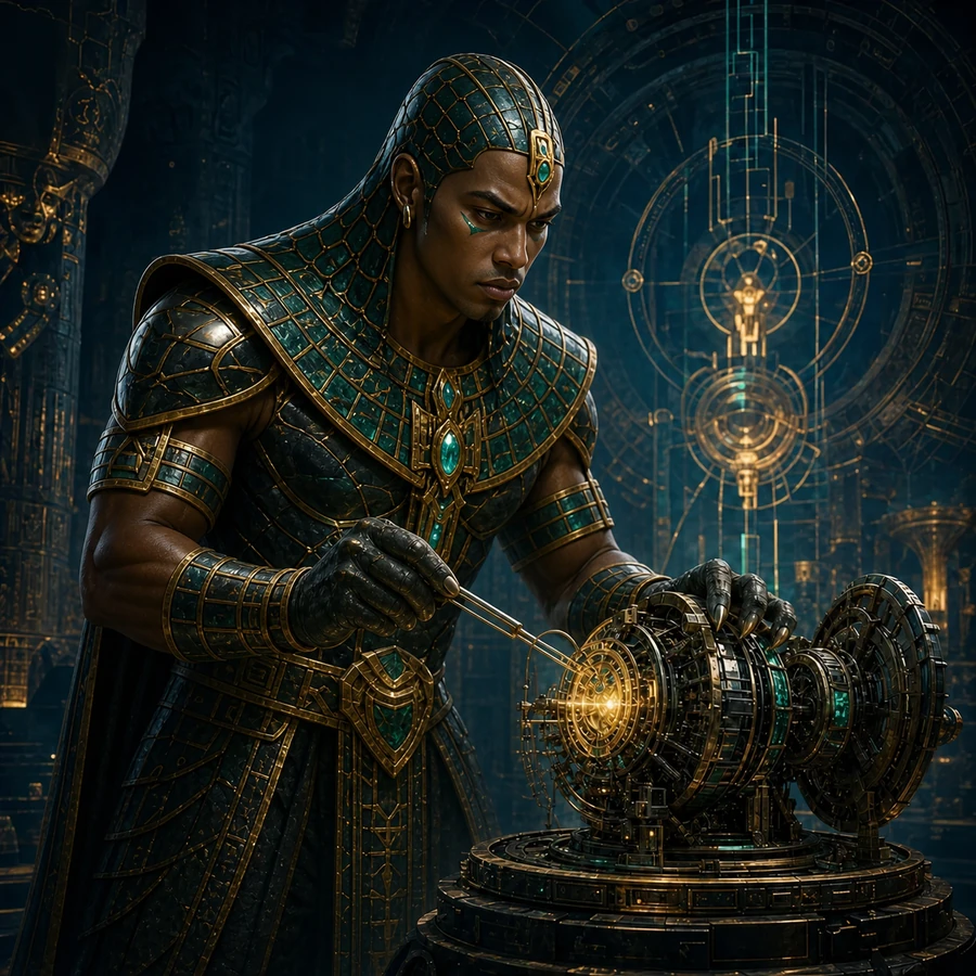 Human cyber-Egyptian interpretation of Sobek examining a complex mechanism as Deep