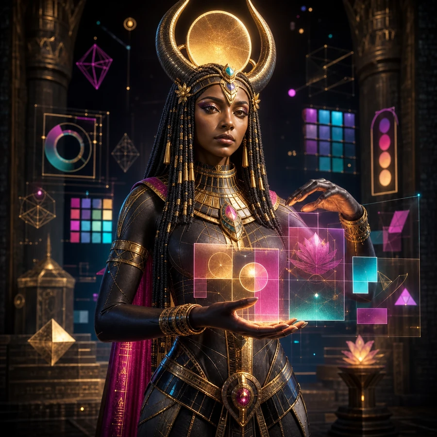 Human cyber-Egyptian interpretation of Hathor shaping interface geometry as Designer