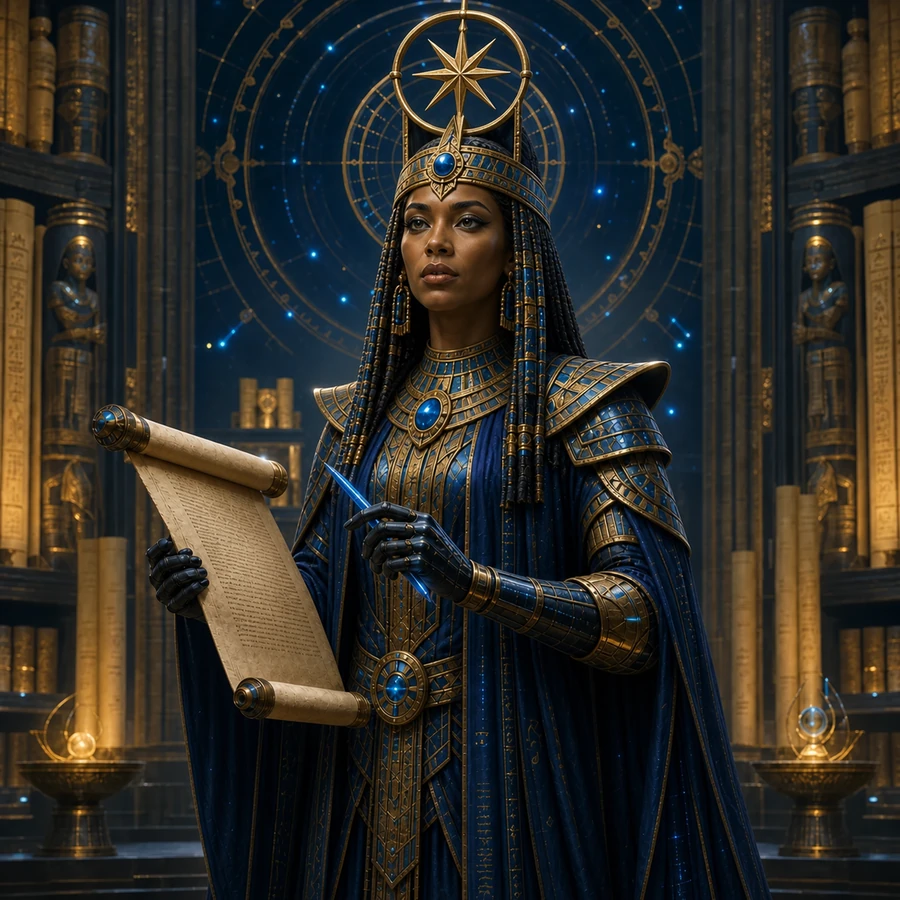 Human cyber-Egyptian interpretation of Seshat consulting an authoritative scroll as Librarian