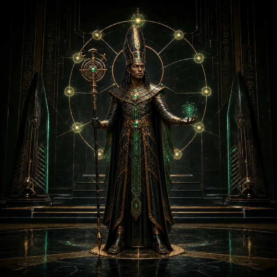Human cyber-Egyptian interpretation of Thoth coordinating the team as Orchestrator