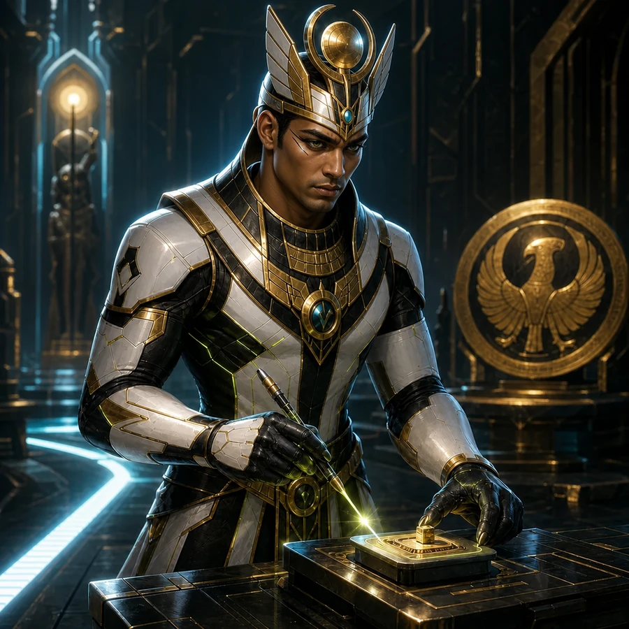 Human cyber-Egyptian interpretation of Horus placing a precise component as Quick