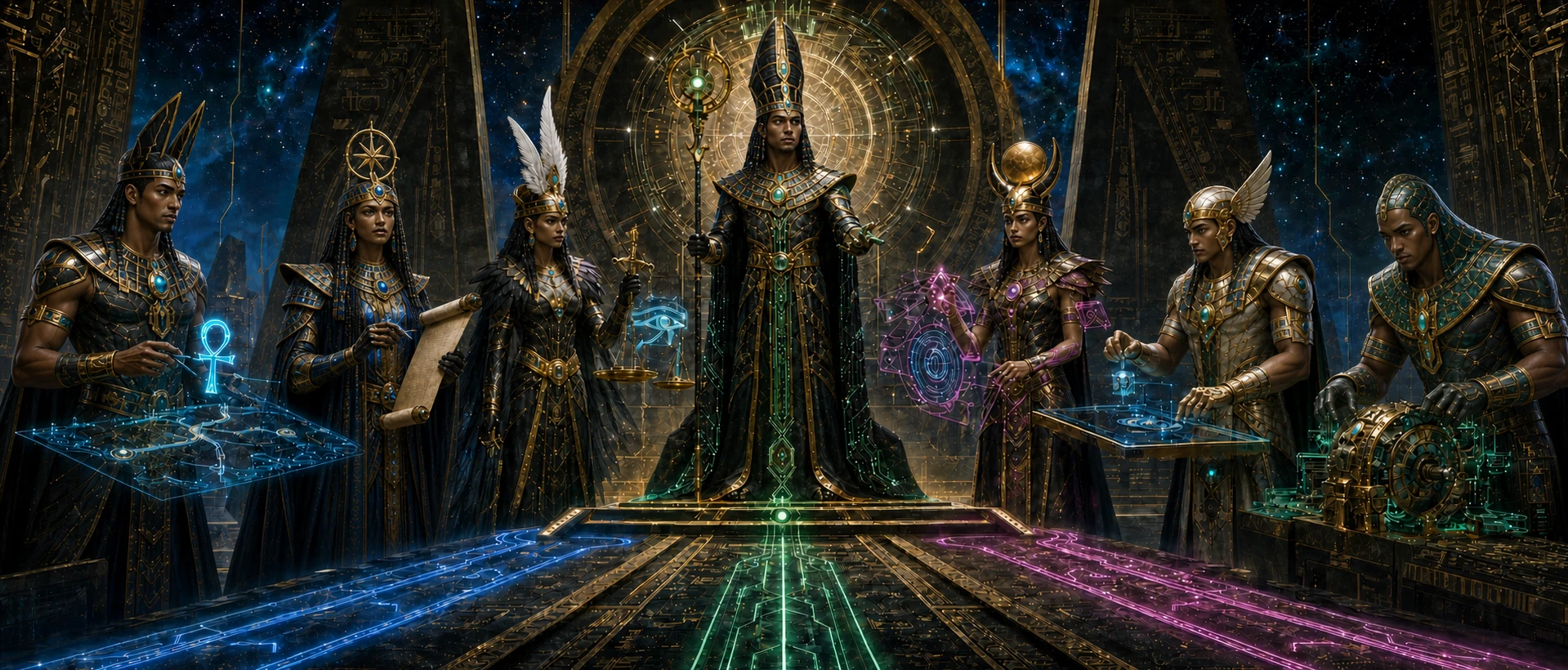 Seven human cyber-Egyptian thoth-agents roles, with Thoth as the Orchestrator centered between three read-only specialists and three implementation writers