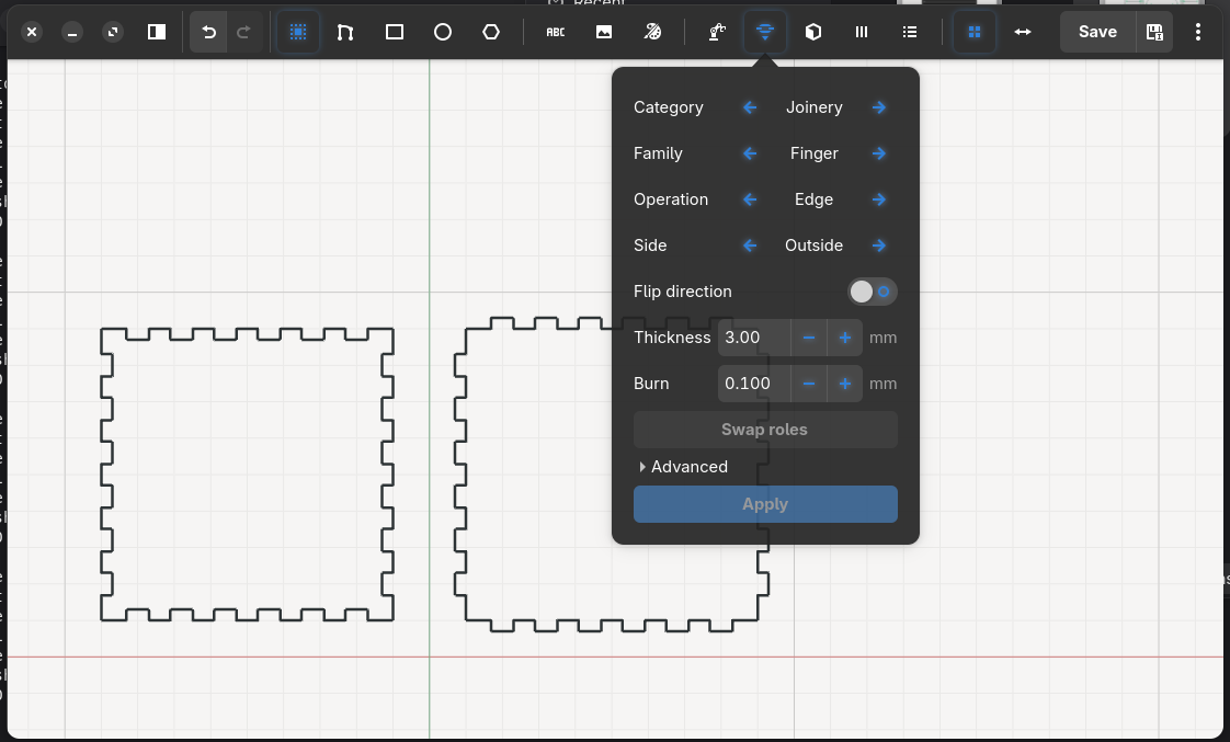 Two panels with finger joints and the Edge Tools settings for 3 mm material.