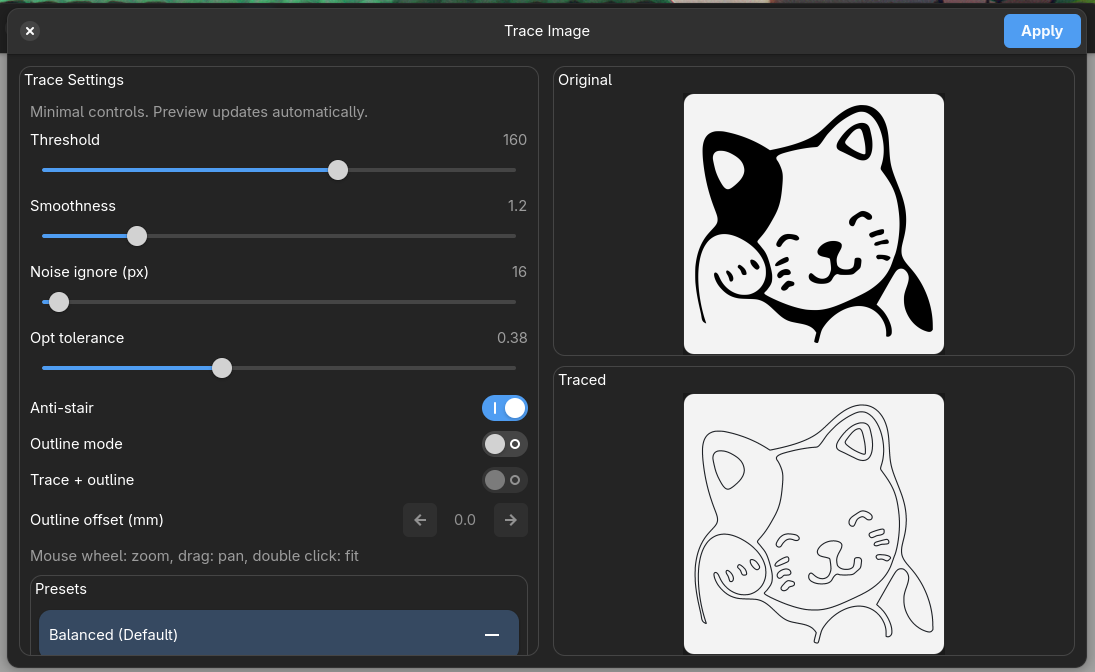 Trace Image comparing a cat illustration with its vector outlines.