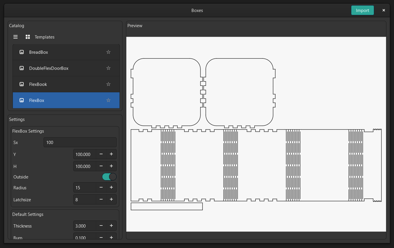 FlexBox in the Boxes catalog: two rounded end panels and a long wall with flex cuts, alongside dimension and material settings.
