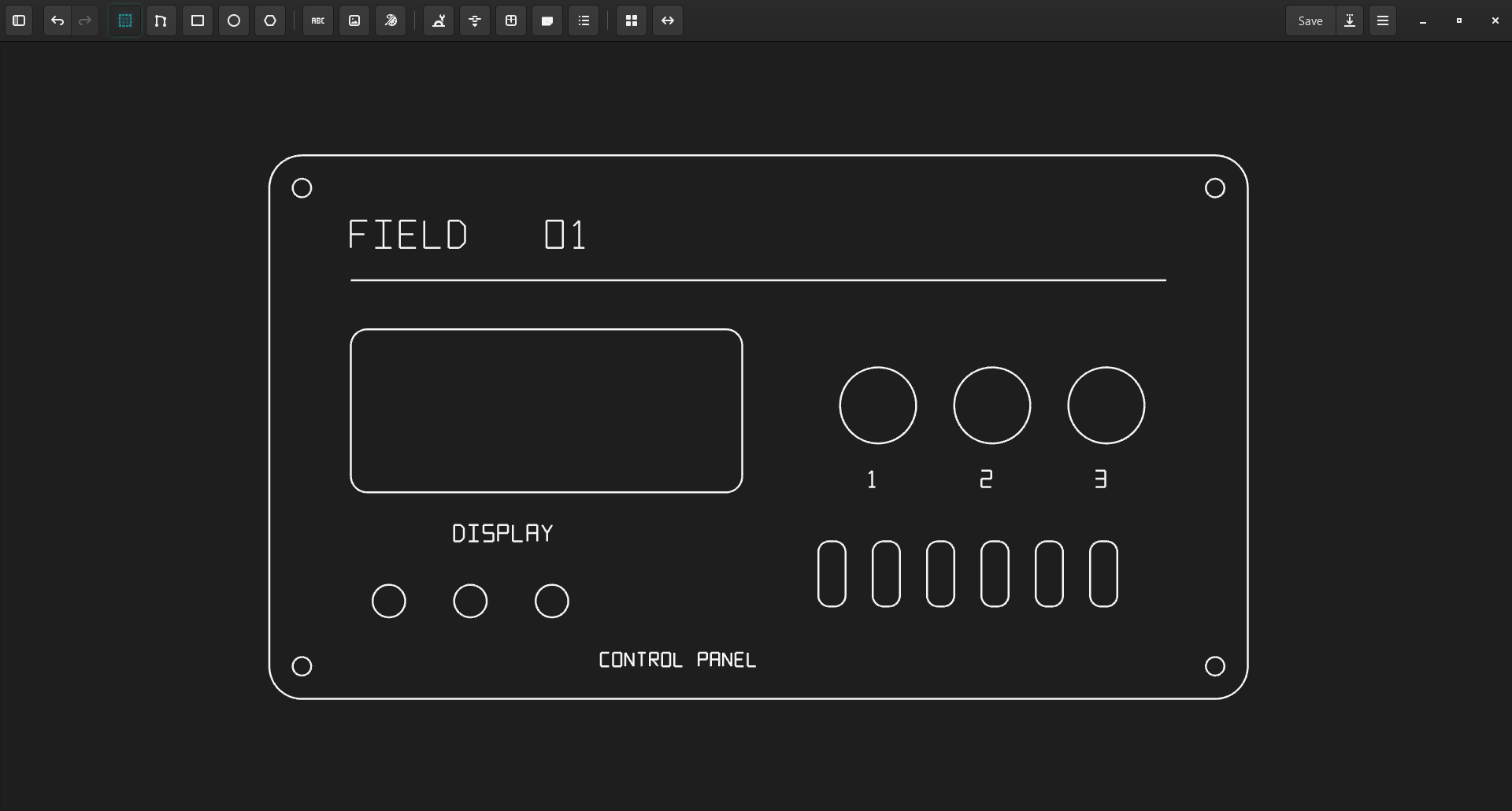 DXF Sketcher in its dark theme with a complete control panel: a display opening, three controls, mounting holes and rounded slots.