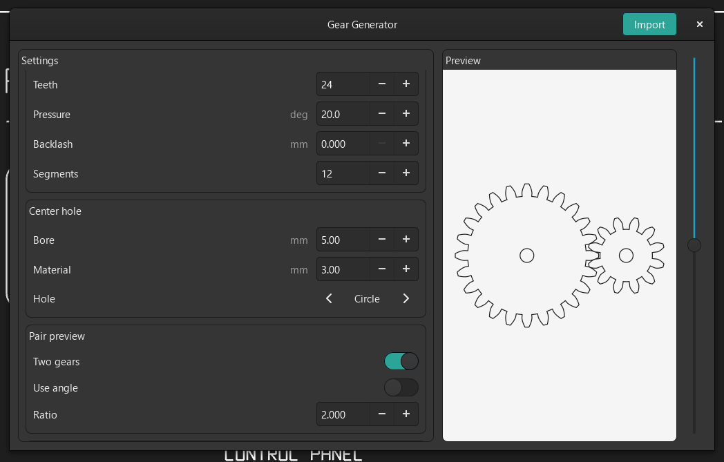 The Gear Generator turning a meshing pair of gears with a 2:1 ratio.