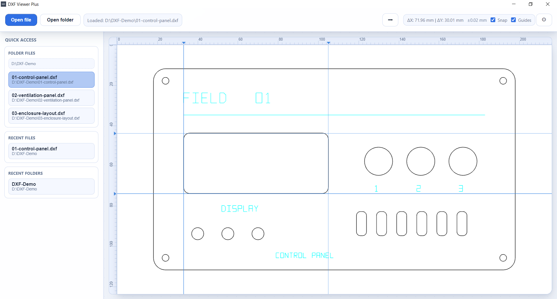 DXF Viewer Plus in the light theme with the control panel example and measurement guides.