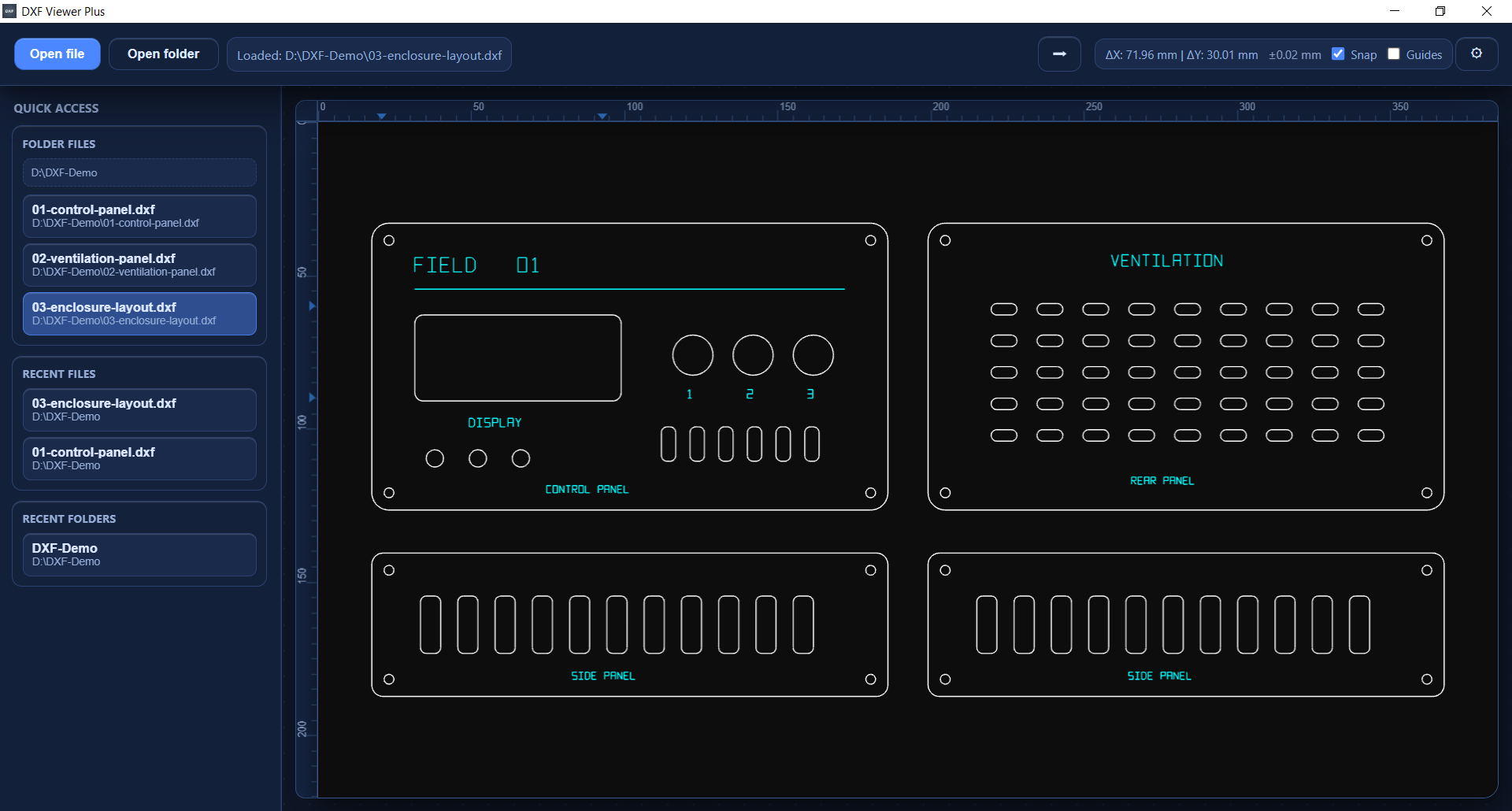 DXF Viewer Plus showing a complete enclosure layout with a file sidebar and measurement rulers.