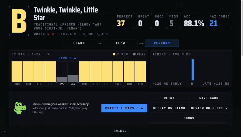 The results screen after a test run of Twinkle: accuracy by bar, the weakest bars bracketed, and one button to practice them.