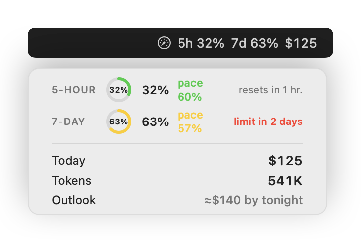 Pacer in the menu bar — the readout chips and the click-down popover with 5-hour and 7-day pace gauges