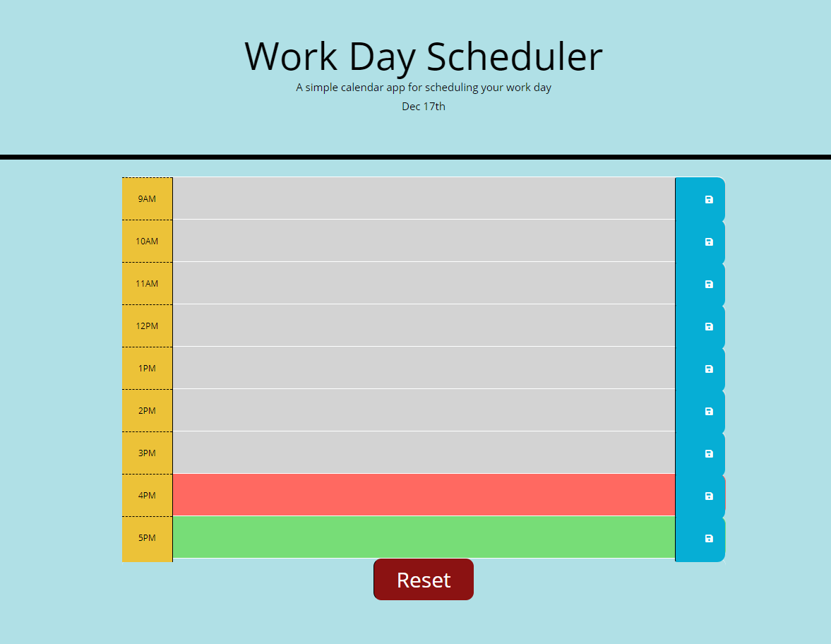 Work Day Scheduler Main Screen