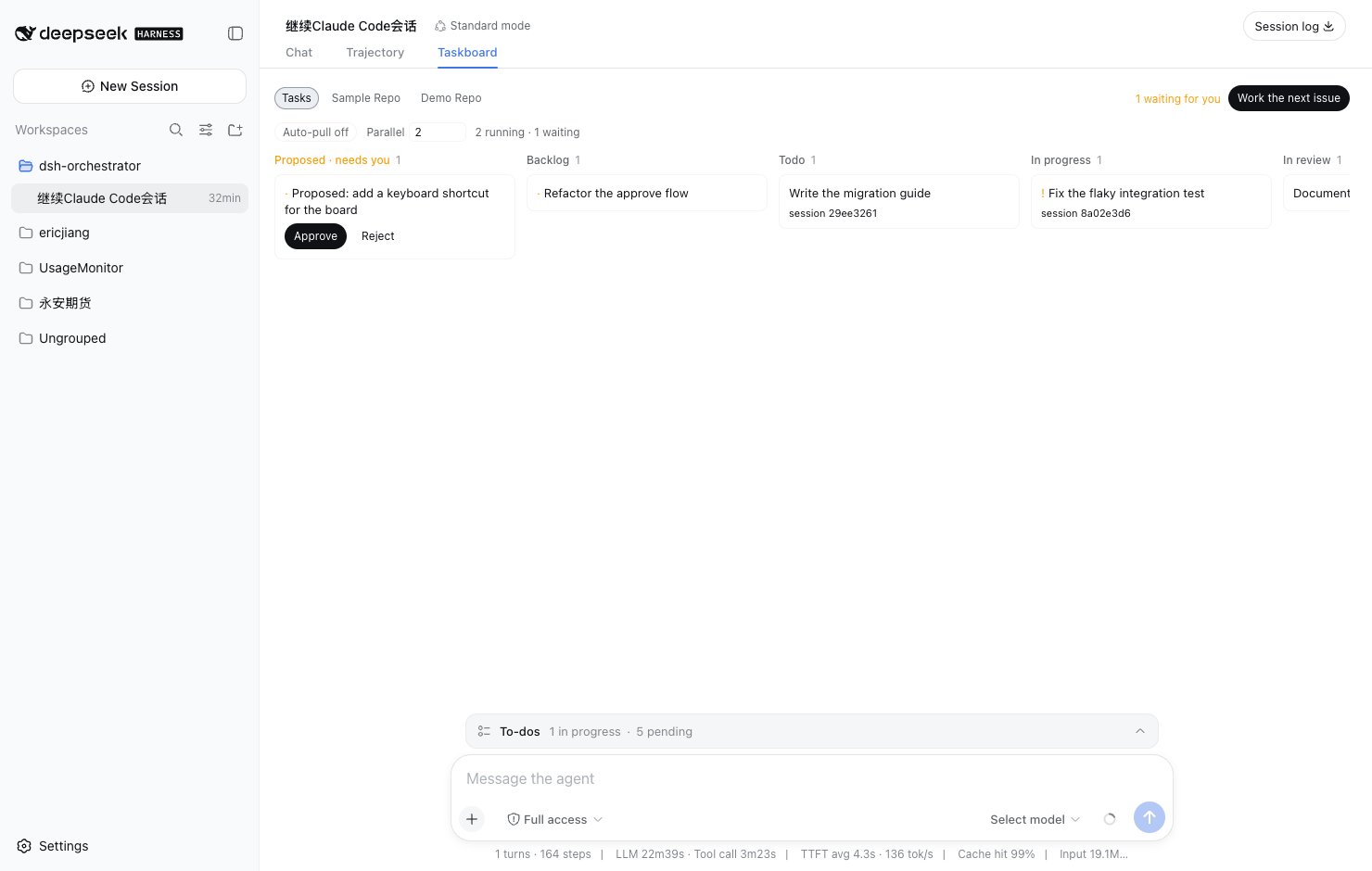 Board view: proposed, backlog, todo, in progress, in review, and done columns