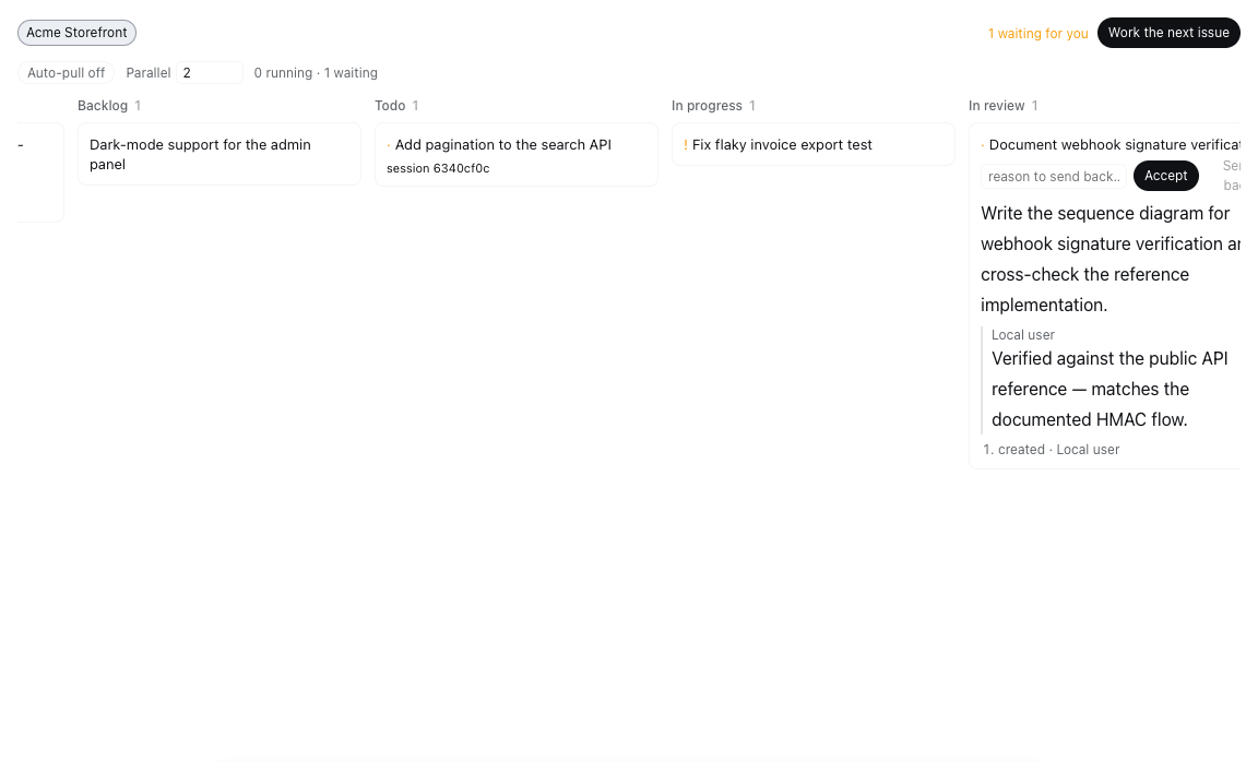 Issue detail expanded from a card, with the acceptance controls, description, labels, and comment trail