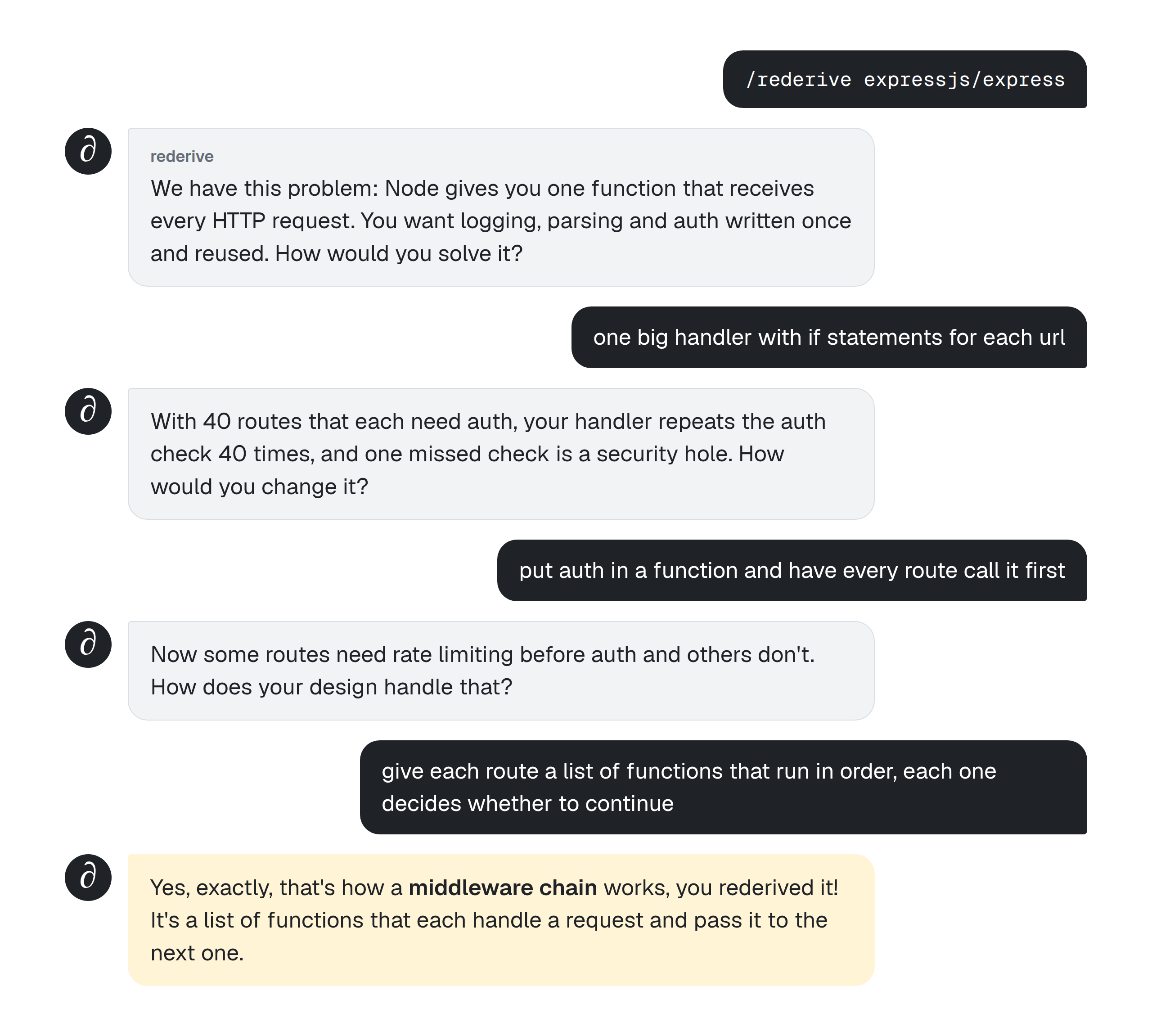 rederive asks how you would handle every HTTP request through one function. You suggest one big handler, then a shared auth function. It adds constraints until you describe a list of functions per route, and it tells you that you rederived a middleware chain.