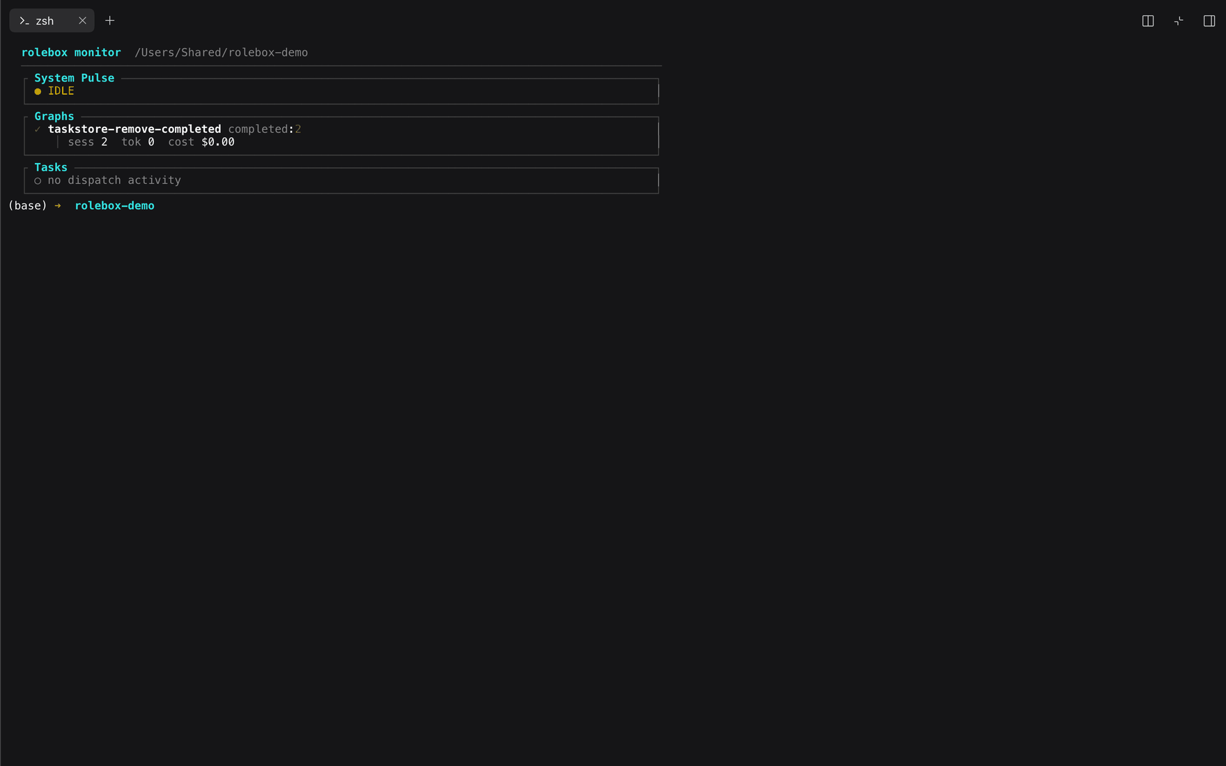 rolebox monitor running in a terminal pane, showing the System Pulse, Graphs and Tasks boxed panes