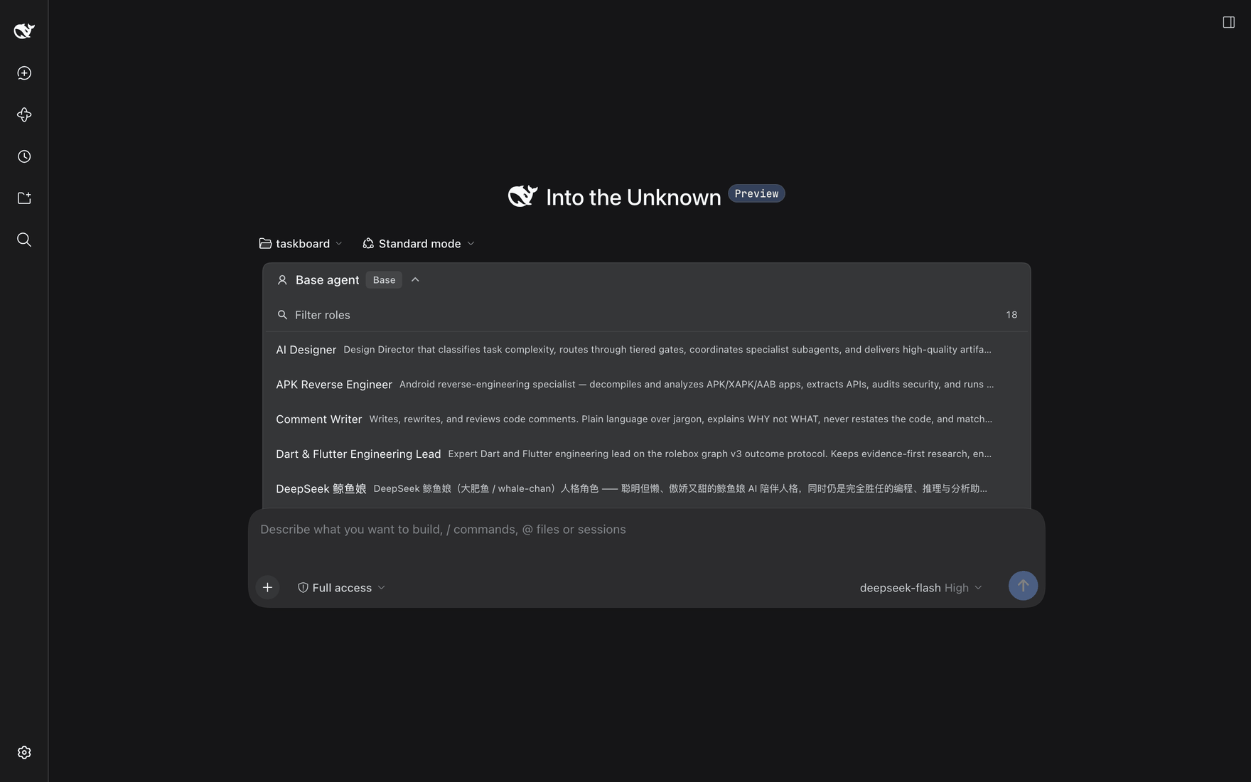 The role picker opened from the dsh composer: a filter field over the 18 loaded roles, each row a display name and a one-line description, with Base agent as the current selection