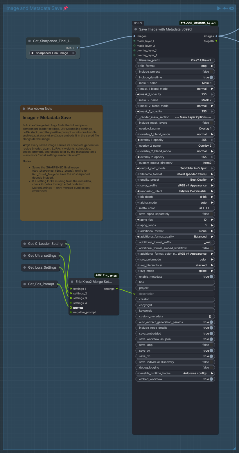 Merge Settings feeding a metadata-aware save node