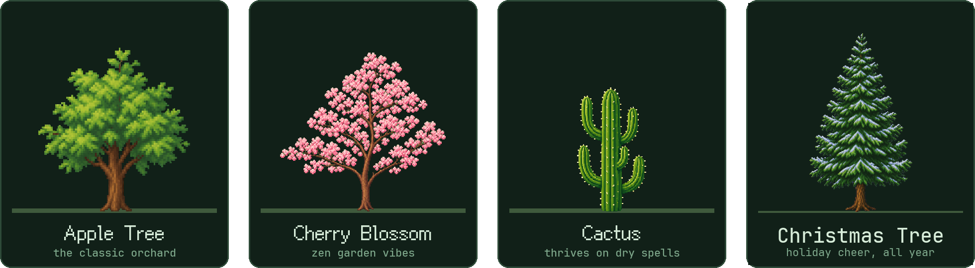 Apple Tree, Cherry Blossom, Cactus and the Christmas Tree — four pixel species