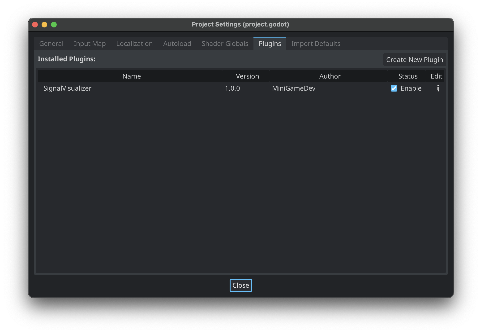 Plugins Tab in Godot Project Settings