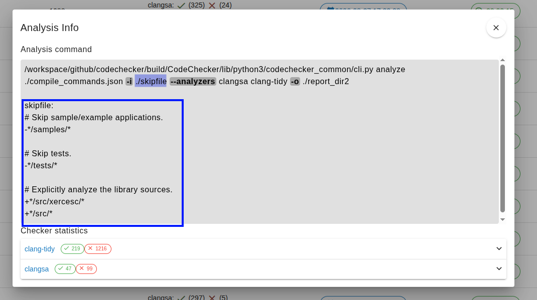 Analysis configuration in the analysis information dialog