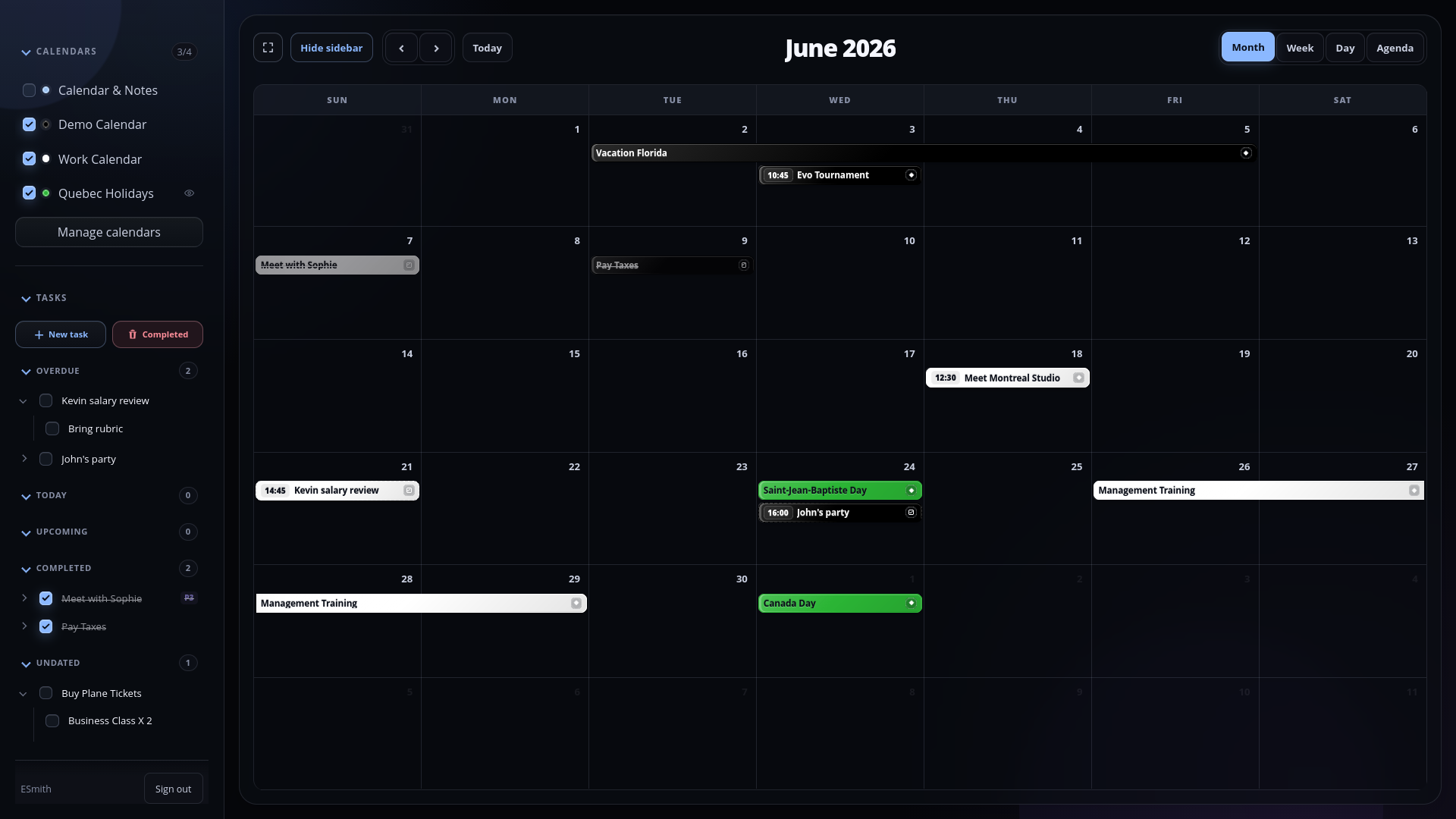 DayFront dark theme calendar with the calendar and task sidebar open