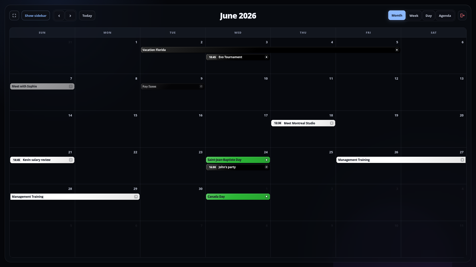 DayFront dark theme calendar in month view