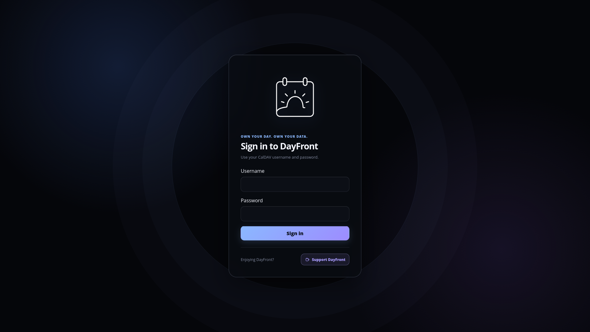DayFront dark theme CalDAV login page