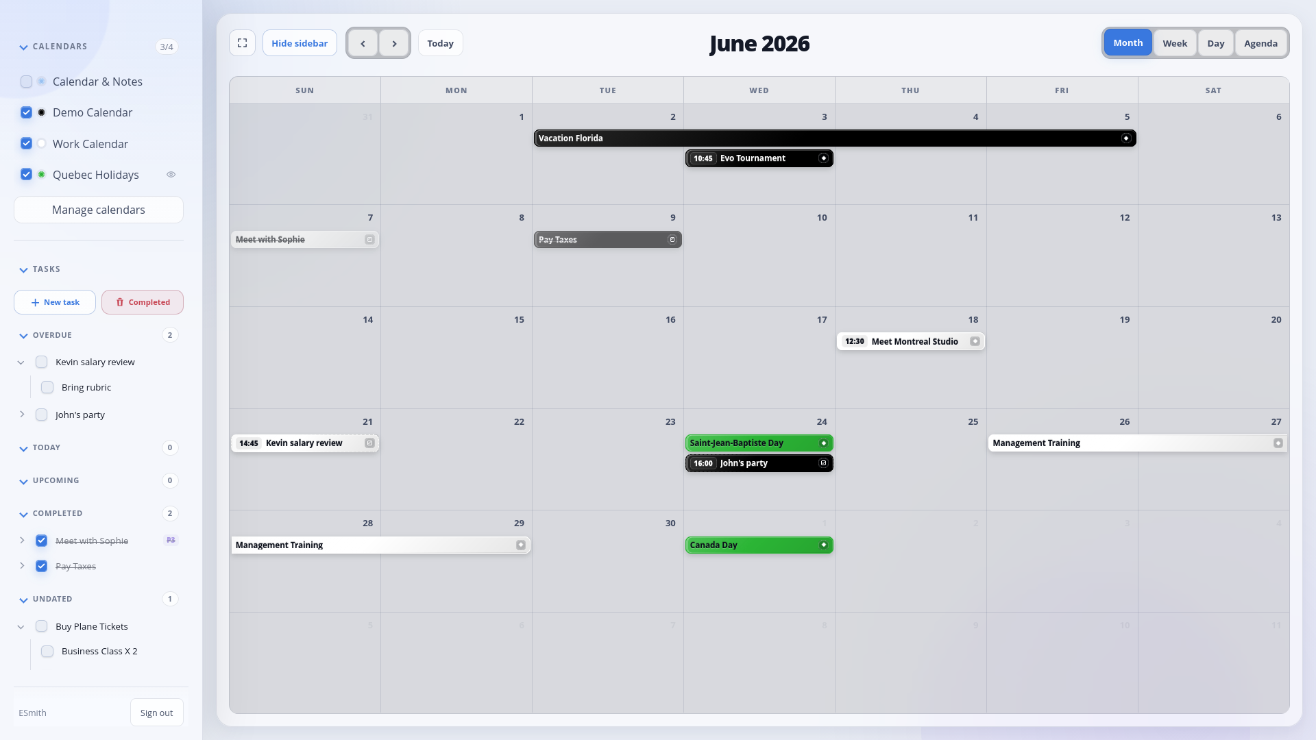 DayFront light theme calendar with the calendar and task sidebar open