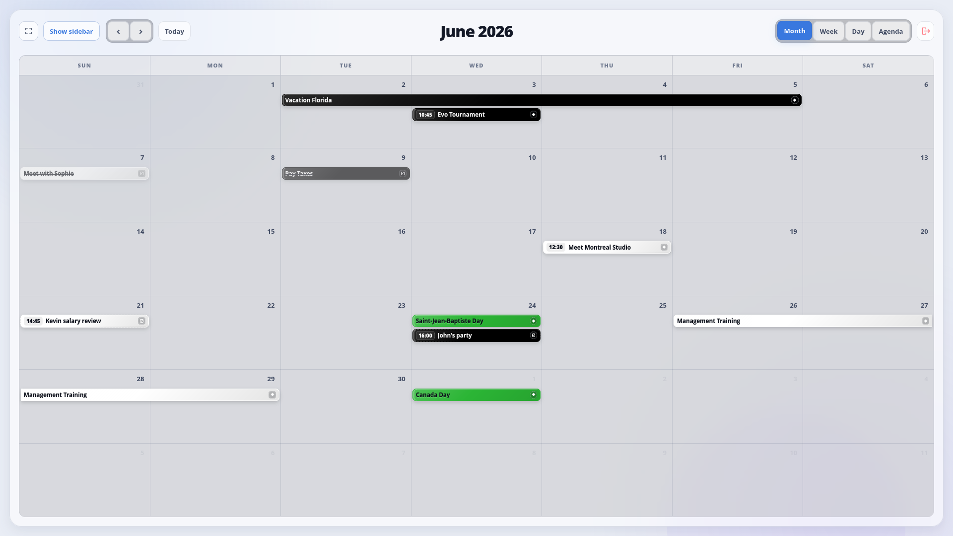 DayFront calendar in month view