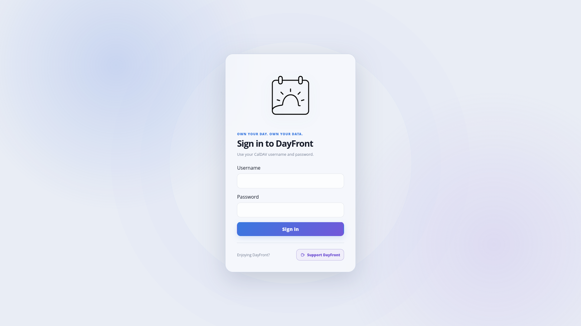DayFront light theme CalDAV login page