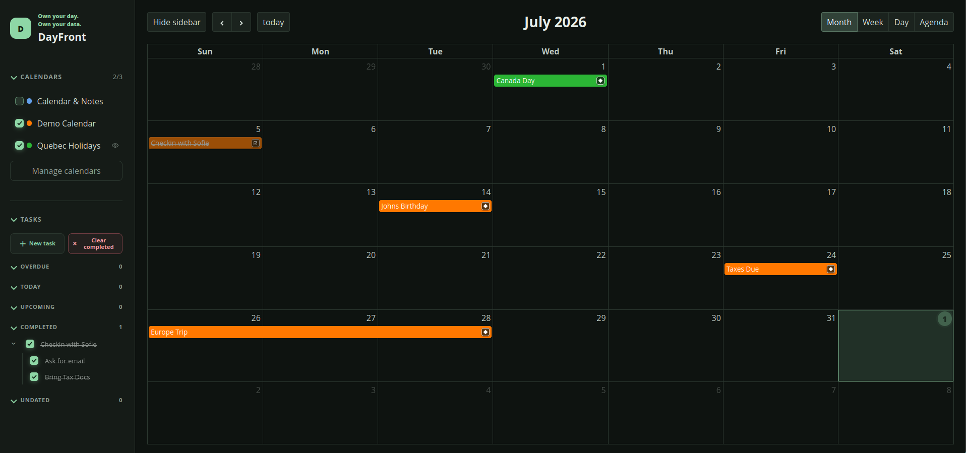 DayFront month view with CalDAV calendars, events, and tasks