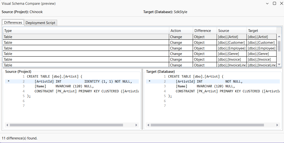 Schema Compare tool window