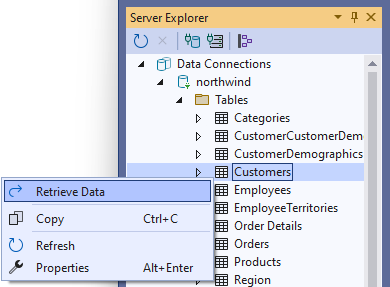 Retrieve Data menu item on tables