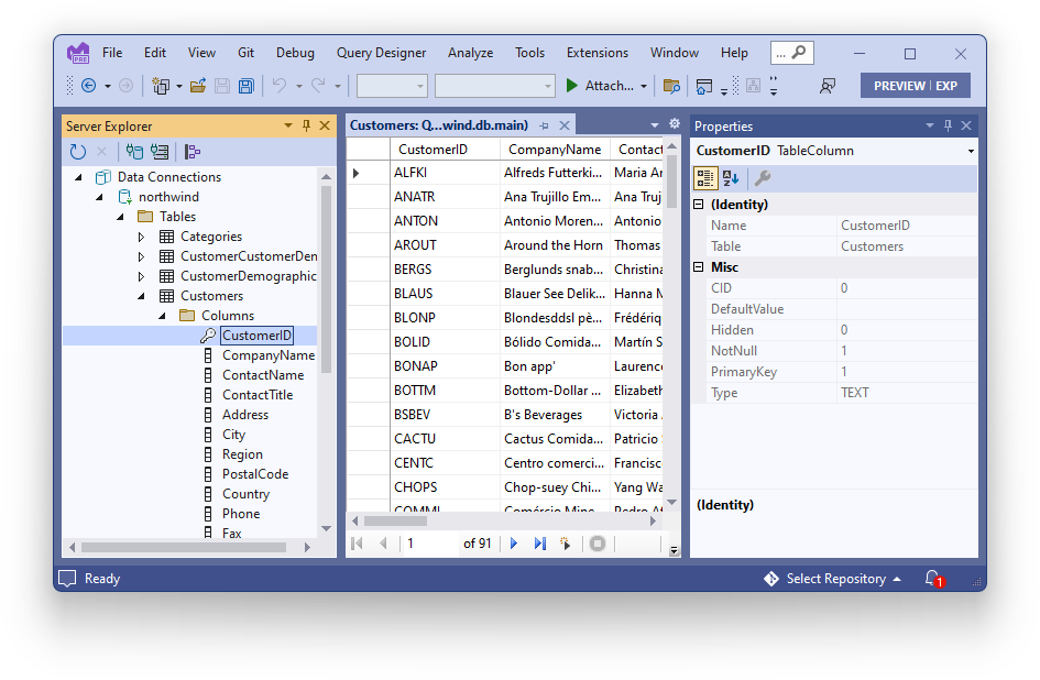 Server Explorer, table data, and Properties toolbox windows