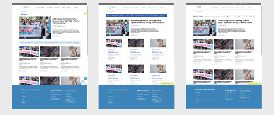 Examples news page layouts for the OTF website