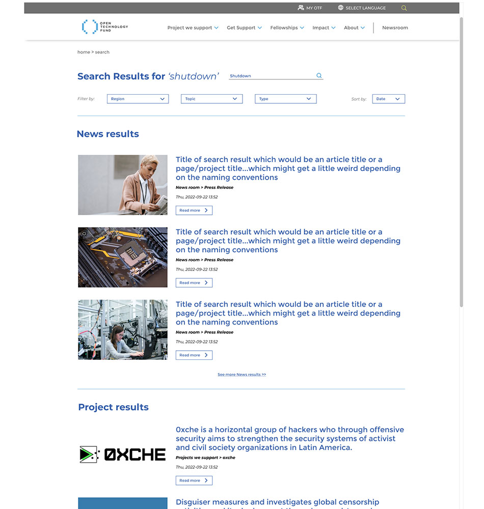 Examples news search results separated by content type for the OTF website