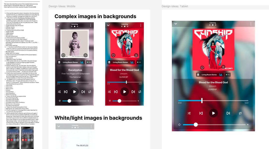 Early ideas on how to improve the page that shows what audio is playing right now. This also shows a snippet of the detailed user feedback that I keep stored in the design files for quick reference