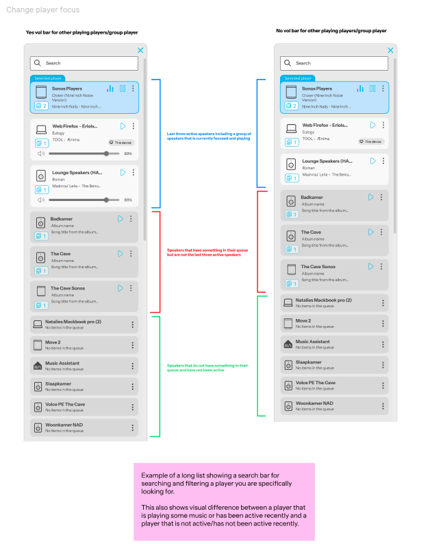Clear sectioning of the speaker overview UI where we cwanted to ensure a clear hierarchy of playing, idle and sleeping smart speakers.