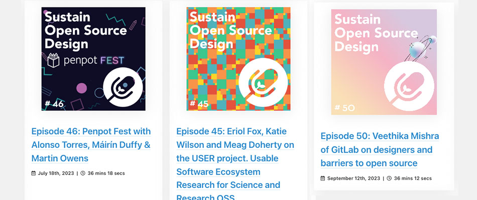 A snapshot of the 50 (and growing!) podcast episodes that we've hosted on the Sustain Design & UX Podcast