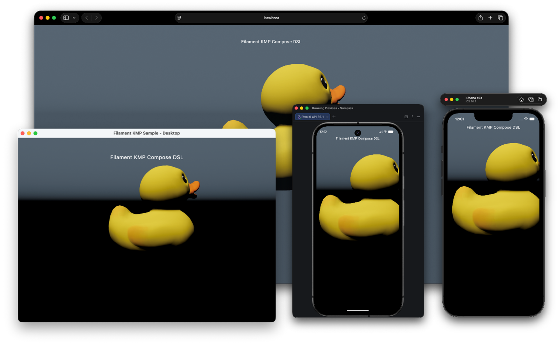 The same scene rendering on Android, iOS, Desktop and Web