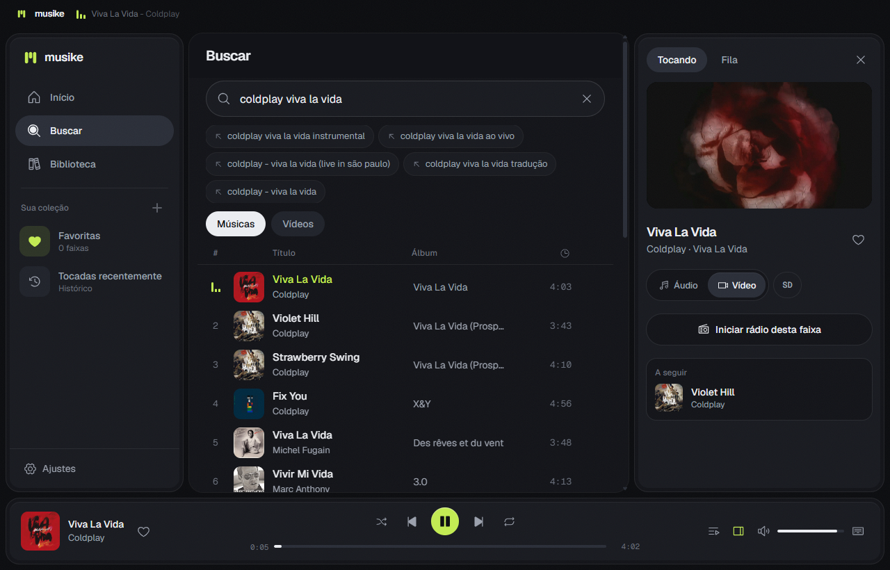 App desktop do Musike tocando um clipe no painel lateral