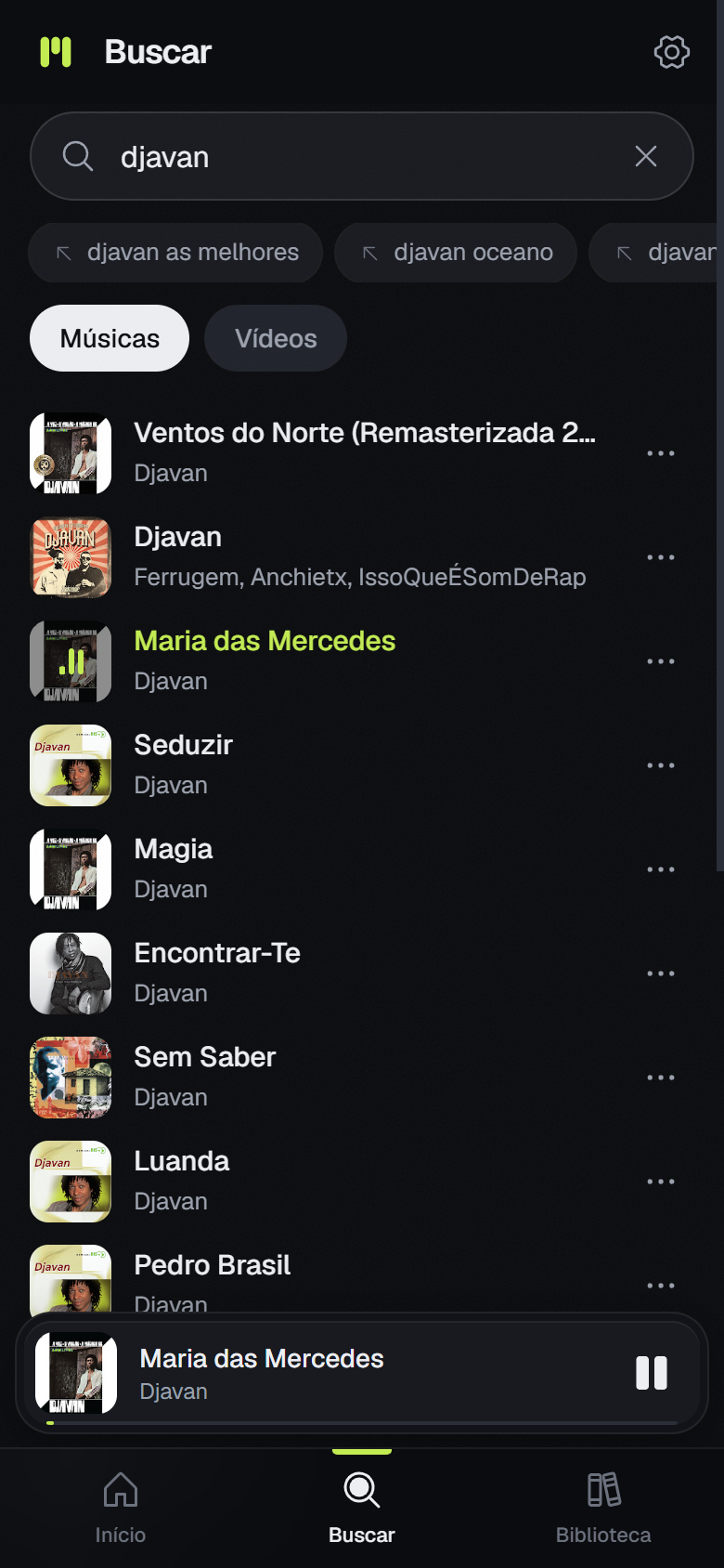 Busca no celular com mini player