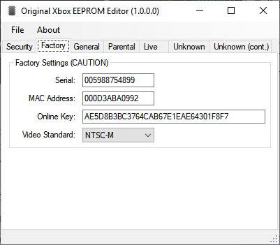 تبويب Factory في برنامج Original Xbox EEPROM Editor ويعرض Serial وMAC Address وOnline Key وVideo Standard