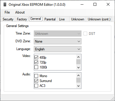 تبويب General في برنامج Original Xbox EEPROM Editor لإعدادات المستخدم العامة