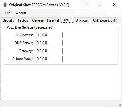 تبويب Live في برنامج Original Xbox EEPROM Editor لإعدادات Xbox Live